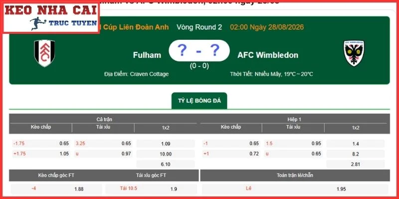 Kèo châu Á trận Fulham vs AFC Wimbledon (02:00 28/8 | Cúp Liên Đoàn Anh)